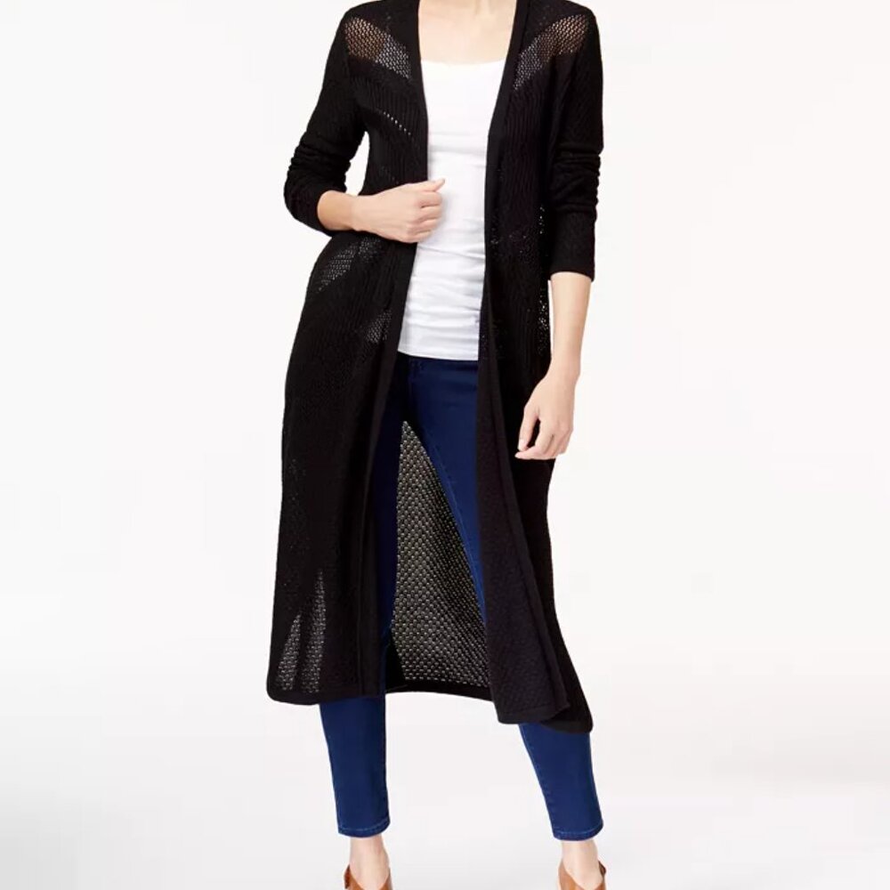 Petite Pointelle Open-Front Duster Cardigan, Olive Green, Petite Small